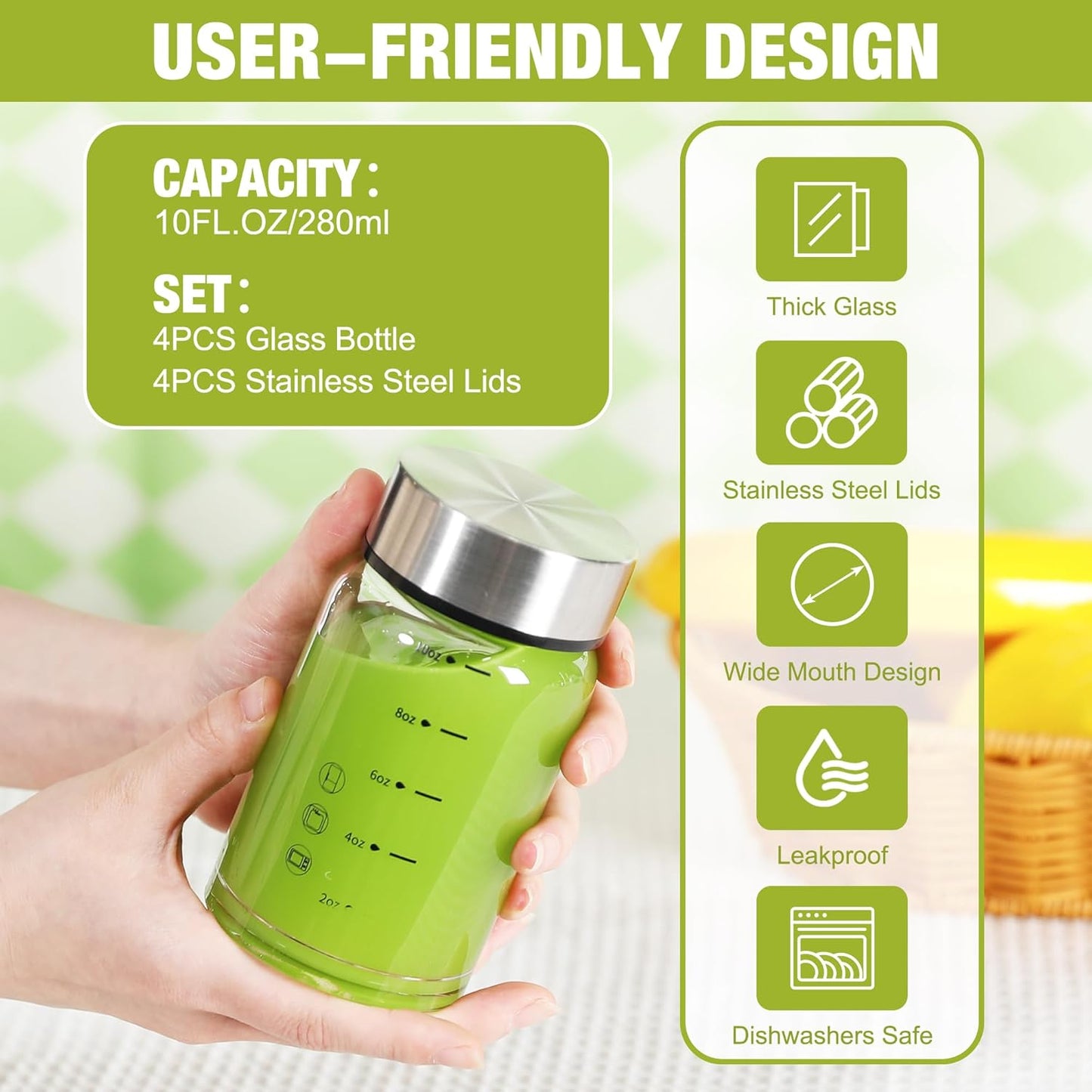 10oz Glass Juice Bottles – 4 Pack Reusable Wide Mouth Bottles with Stainless Steel Lids & Cleaning Brush, BPA-Free Water Bottles for Juicing, Smoothies, Milk, and Protein (300ml)