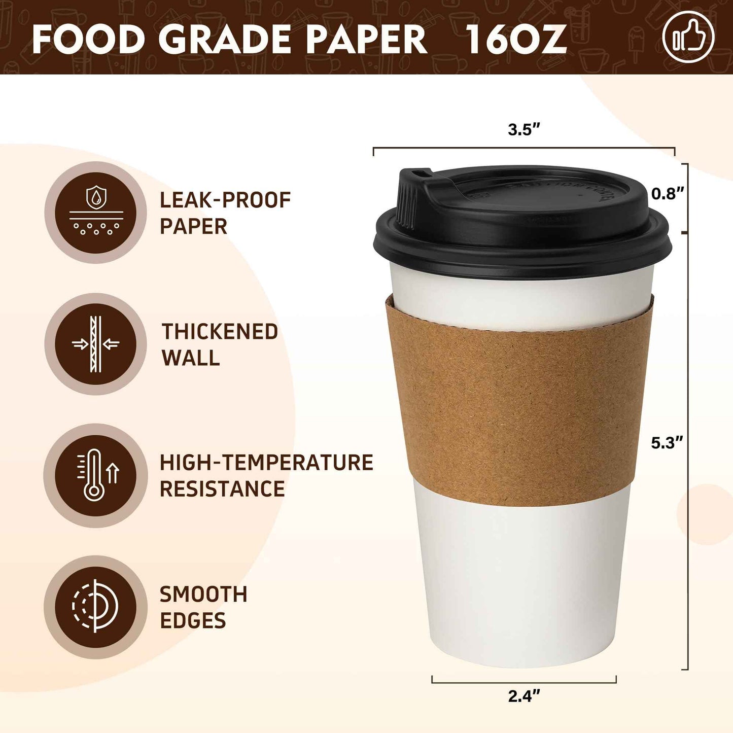16 oz 500 Pack Disposable Coffee Cups with Lids & Sleeves (500 Count)