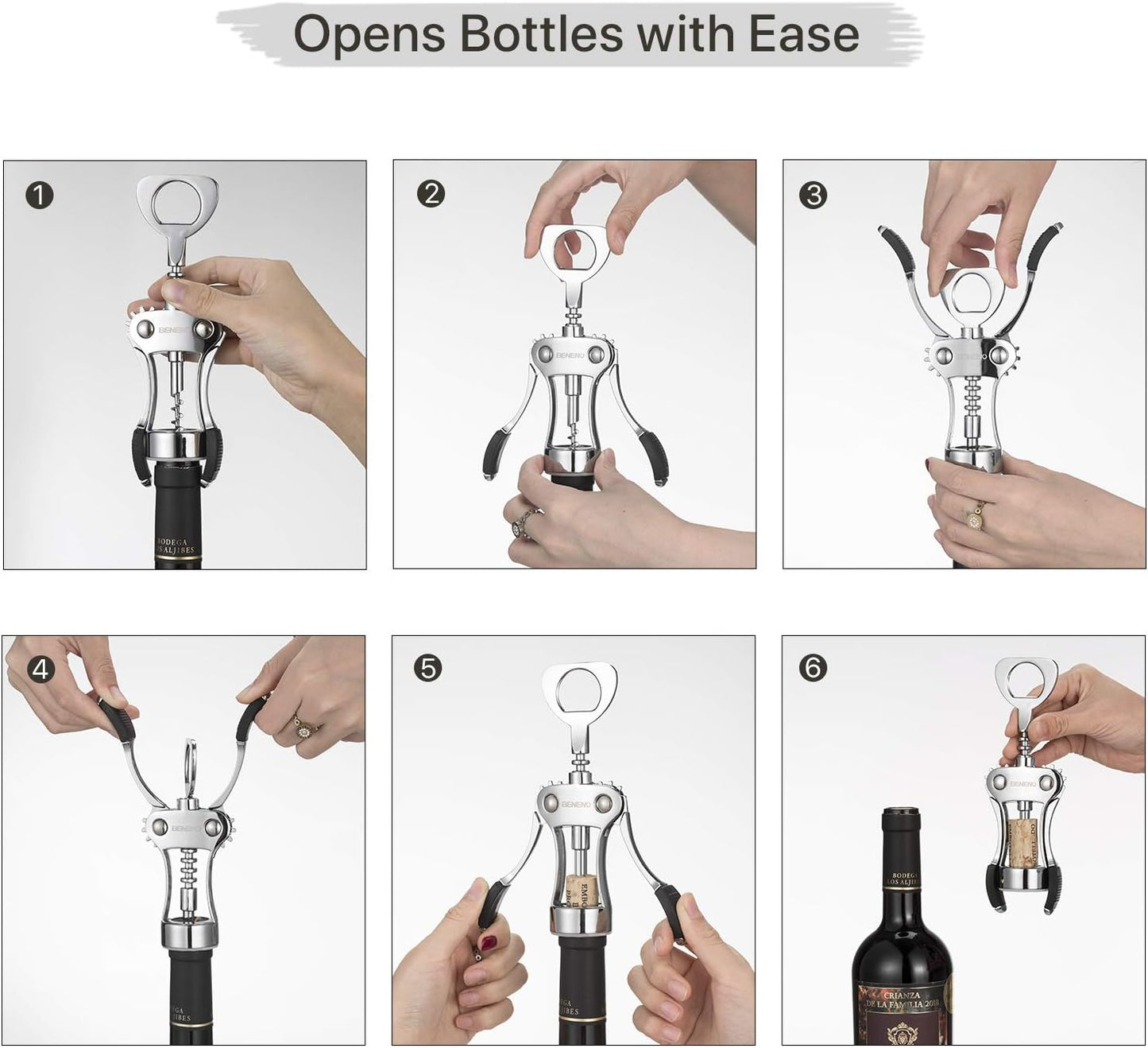 Beneno Wine Opener with Silicone Leak Proof Wine Vacuum Stopper, Zinc Alloy Premium Wing Corkscrew with Multifunctional Bottles Opener, Upgrade