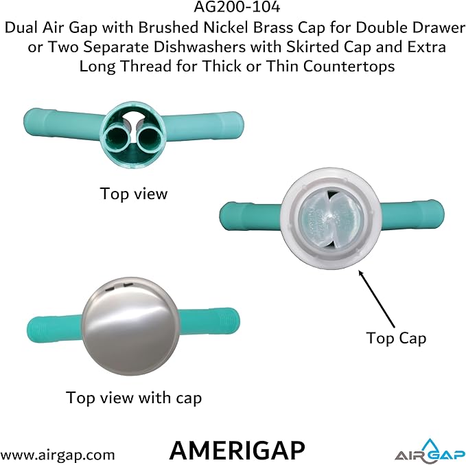 Dual Air Gap with Brushed Nickel Brass Cap for Double Drawer or Two Separate Dishwashers with Skirted Cap and Extra Long Thread for Thick or Thin Countertops (AG200-104, AG200-X04, AMERIGAP)
