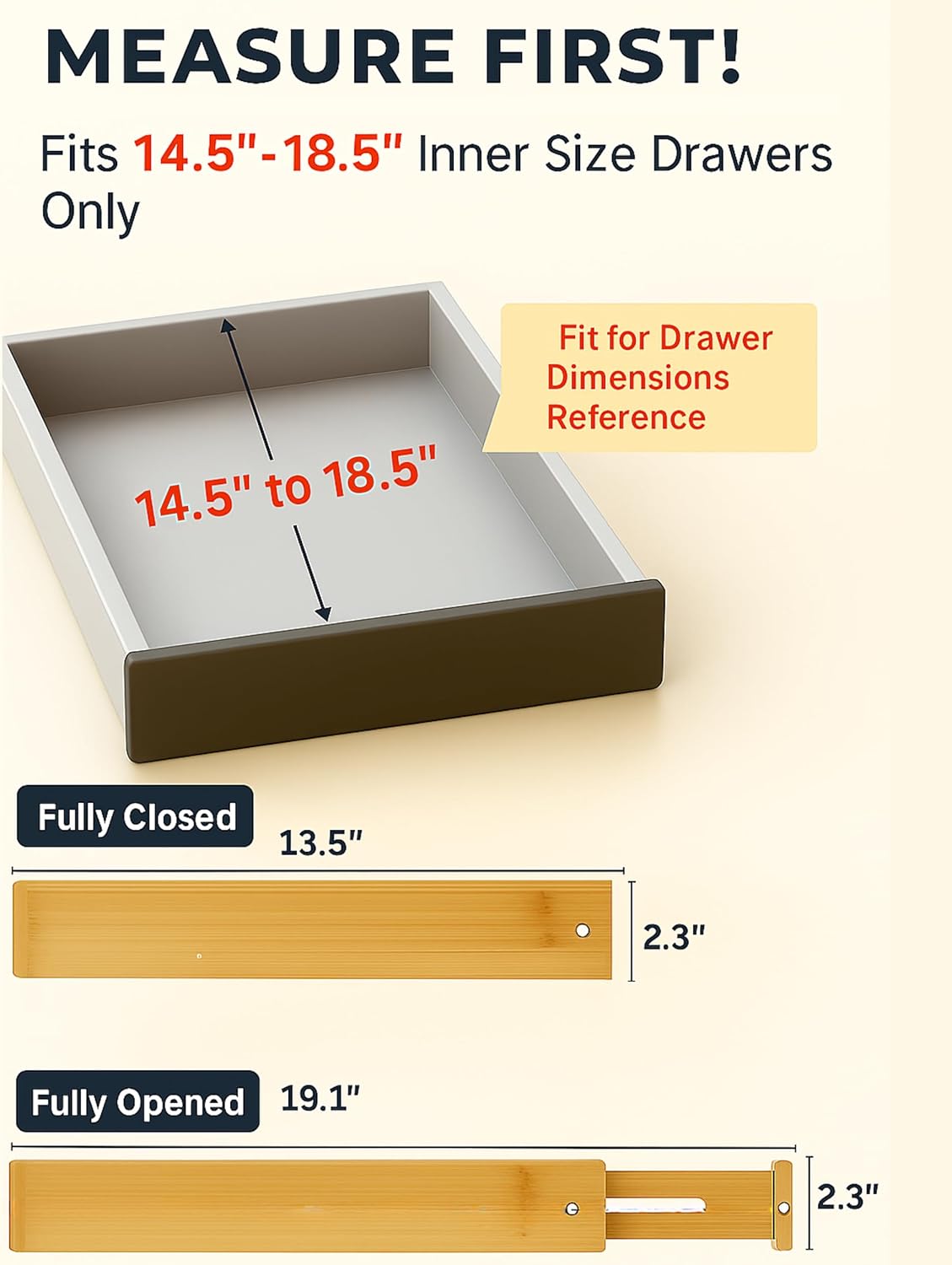 4 Pcs Bamboo Kitchen Drawer Dividers Large 14"-19", Spring Loaded, Works in Kitchen, Adjustable Drawer Organizers, Dresser, Bathroom, Bedroom, Drawer Desk, Office