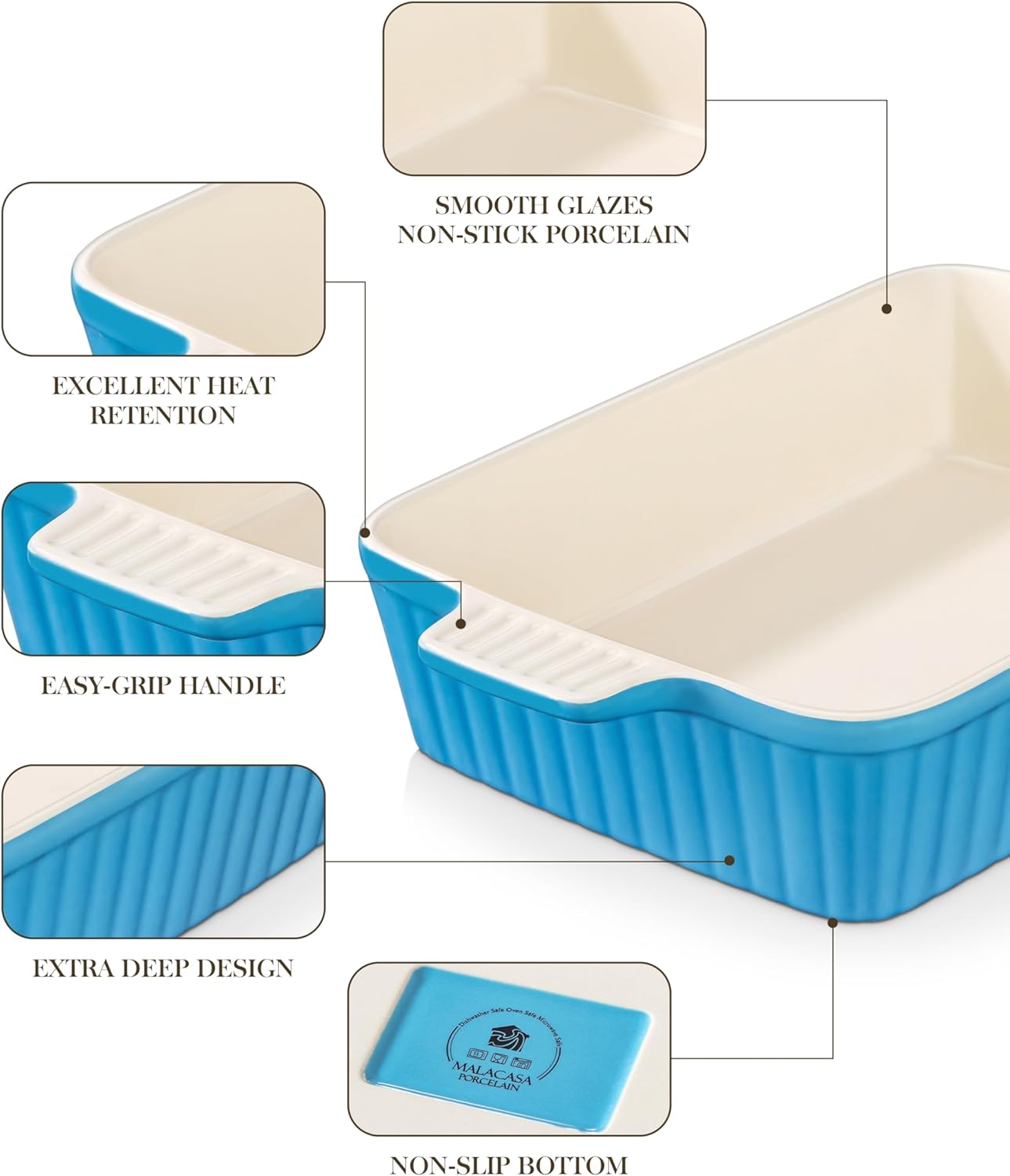 MALACASA 4.4 QT Baking Dish, 9x13 Large Casserole Dish for Oven, Ceramic Baking Pan, Rectangular Lasagna Pan Deep with Handles for Baking, Durable Microwave Oven Safe, Blue, Series BAKE-BAKE - Culinary Roots