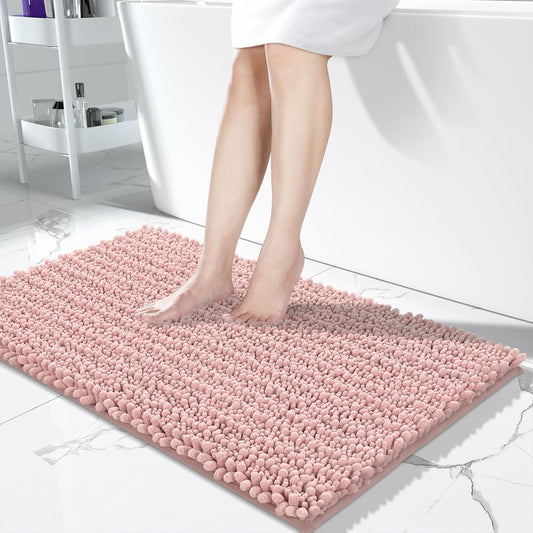 Yimobra Long Bathroom Rugs Non Slip Washable 44x24 Inch - Ultra Soft Absorbent Chenille Bath Mat, Quick Dry Shaggy Floor Carpet for Tub Shower, Light Pink Home Decor Accessories