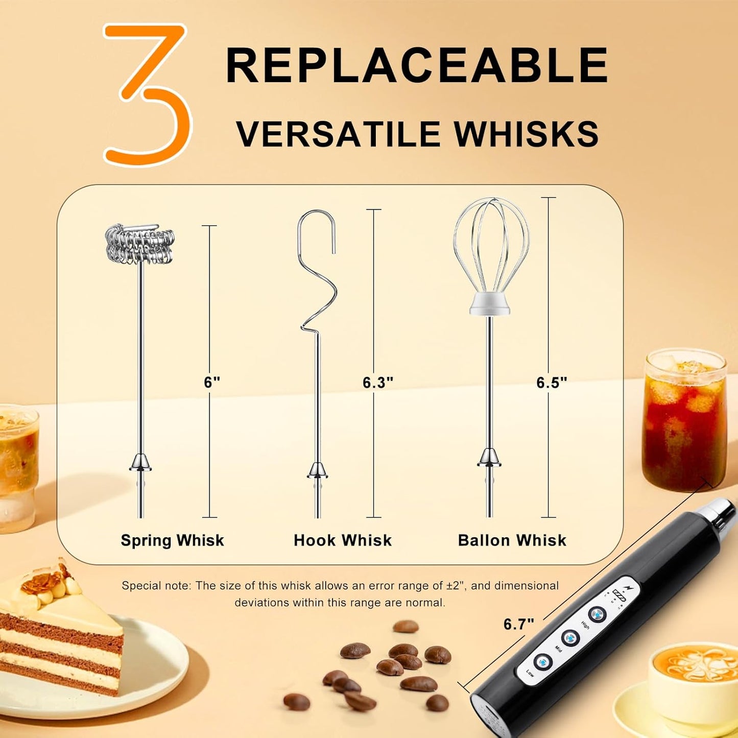 YUSWKO Handheld Milk Frother Wand for Coffee, Rechargeable Electric Whisk with 3 Heads 3 Speeds Drink Mixer Coffee Frother For Latte, Cappuccino, Hot Chocolate, Egg (Without Stand, Light Black) - Culinary Roots