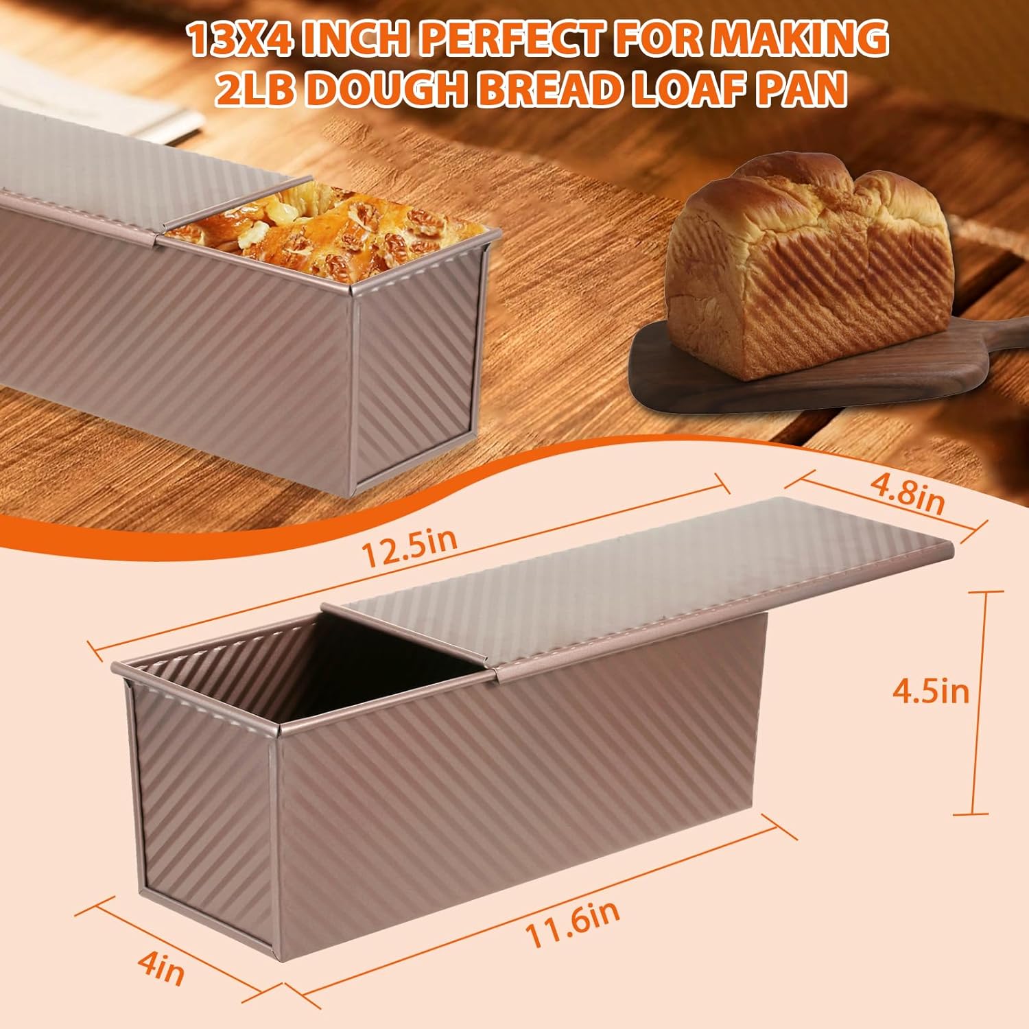 Non-Stick Pullman Loaf Pan with Lid 13x4 Inch - 2.2lb Carbon Steel Bread Baking Pan with 4 Vent Holes, Heavy Duty Sourdough Loaf Pan with Cover for Homemade Sandwich Bread (Gold) - Culinary Roots