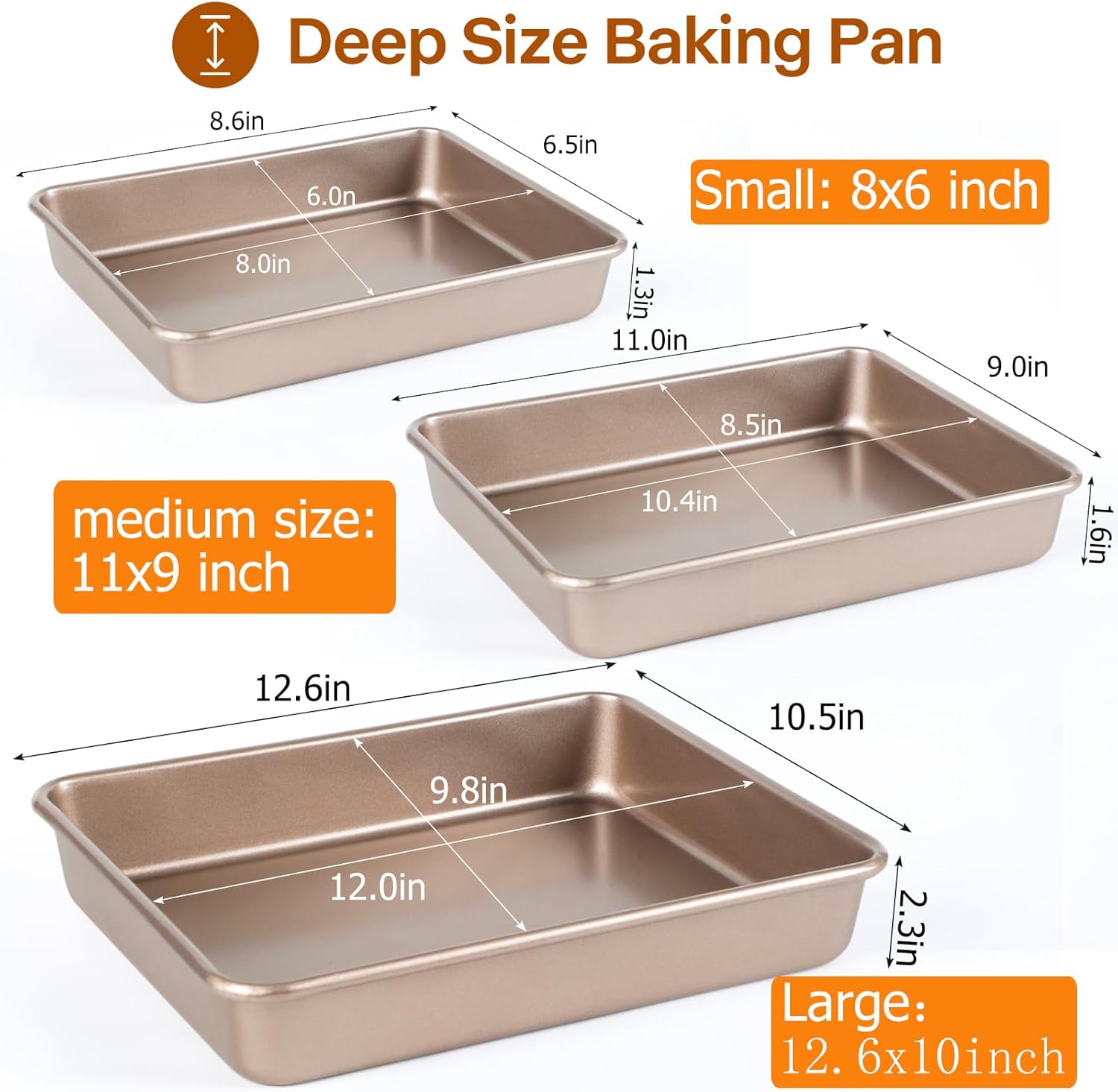 Deep Baking Pans Set, 3-Pieces Rectangle Cake Pan, Nonstick Roasting Pans Set for Thanksgiving Christmas, 9/11/13 Inch, Toaster Oven Tray Bakeware Set, Lasagna Pan Deep Size, Heavy Duty, Gold - Culinary Roots