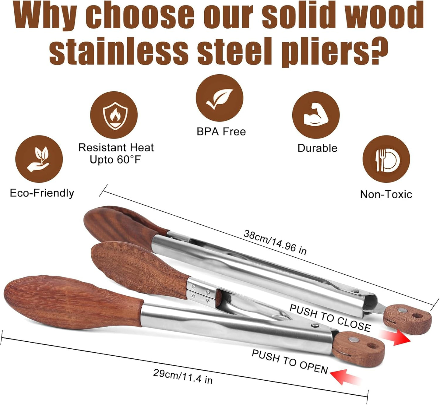 2-pcsTongs for Cooking with Wooden Tips - Nonstick Cooking Tongs & Salad Tongs for Blooming Food，Cooking, BBQ and Tossing Salad - Made of Natural Walnut Wood，Long Style15inch Short Style 11.4inch - Culinary Roots