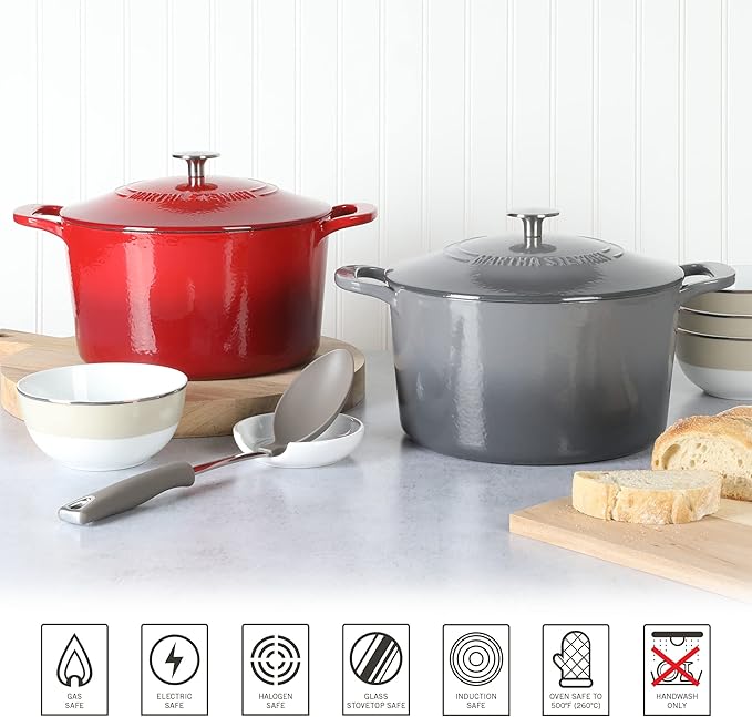 MARTHA STEWART Gatwick 7-Quart Enamel Cast Iron Dutch Oven – Red Ombre – Heavy-Duty Dutch Oven for Slow Cooking, Braising & Baking