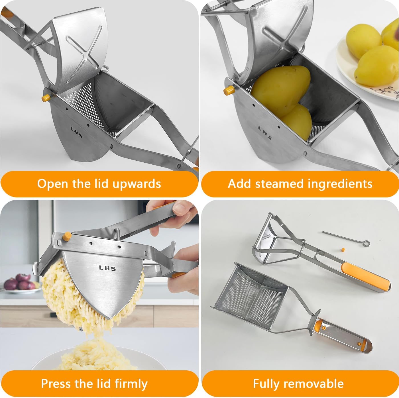 LHS Stainless Steel Potato Ricer and Masher, Heavy Duty Commercial Food Masher, Ergonomic Comfort Grip, Extra Large Capacity, Dishwasher Safe (Orange) - Culinary Roots