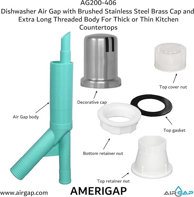 Dishwasher Air Gap with Skirted Brushed Stainless Steel Brass Cap and Extra Long Threaded Body for Thick or Thin Kitchen Countertops (AG200-406, AG200-X06, AMERIGAP)