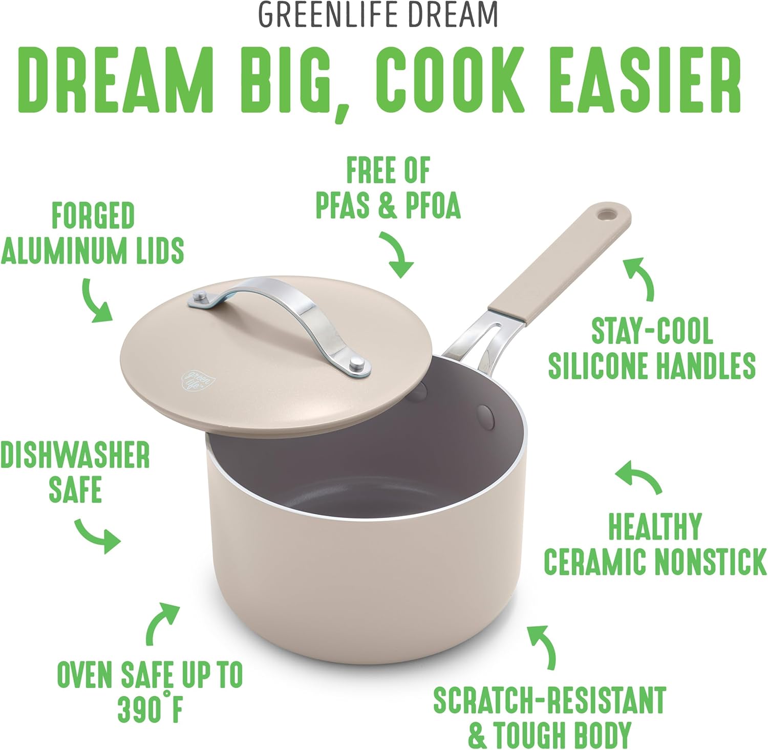 GreenLife 2 Quart Nonstick Saucepan with Lid, Lightweight Healthy PFAS-Free Milk Pan, Dishwasher & Oven Safe Soup Pan, Durable Body, Silicone Stay-Cool Handle, Easy Release Chef’s Pan, Taupe - Culinary Roots