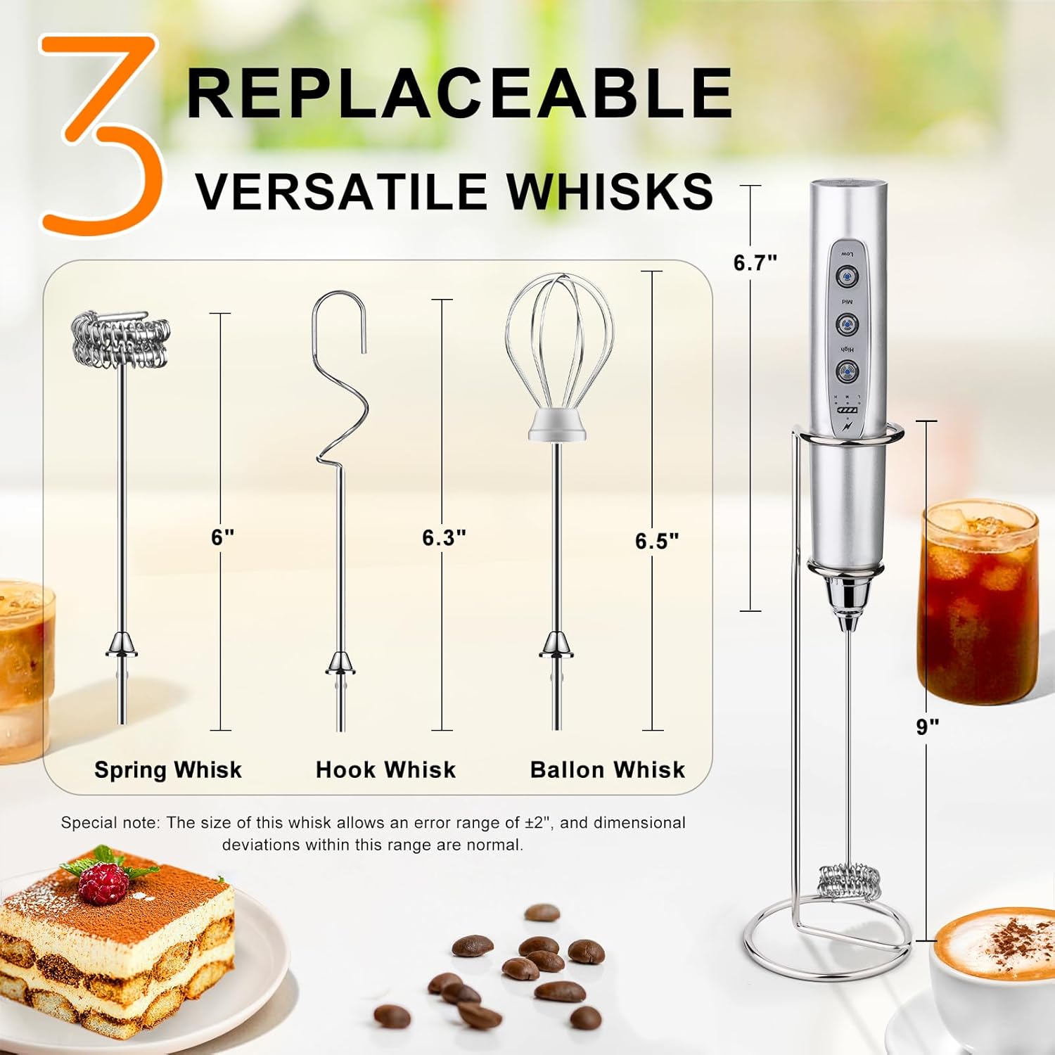 YUSWKO Silver Rechargeable Milk Frother for Coffee with Stand, Handheld Drink Mixer with 3 Heads 3 Speeds Electric Stirrers for Latte, Cappuccino, Hot Chocolate, Egg - Culinary Roots