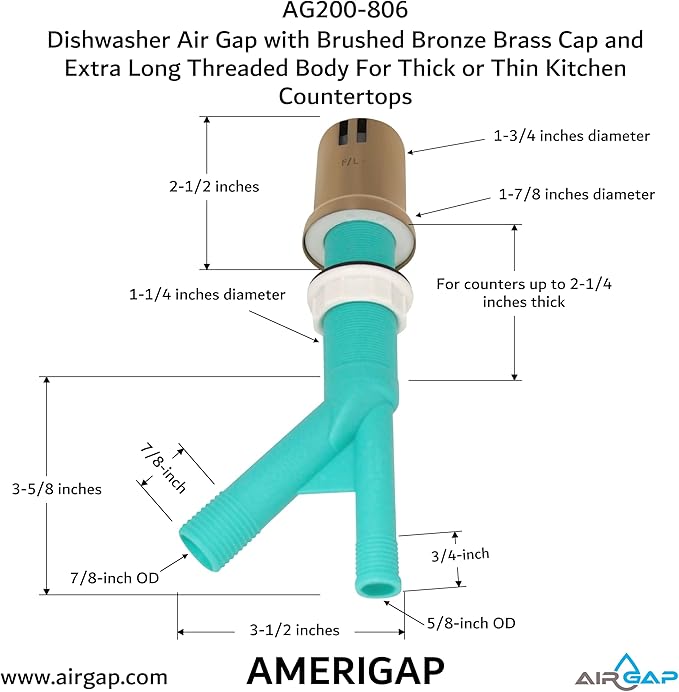 Dishwasher Air Gap with Skirted Brushed Bronze Brass Cap and Extra Long Threaded Body for Thick or Thin Kitchen Countertops (AG200-806, AG200-X06, AMERIGAP)