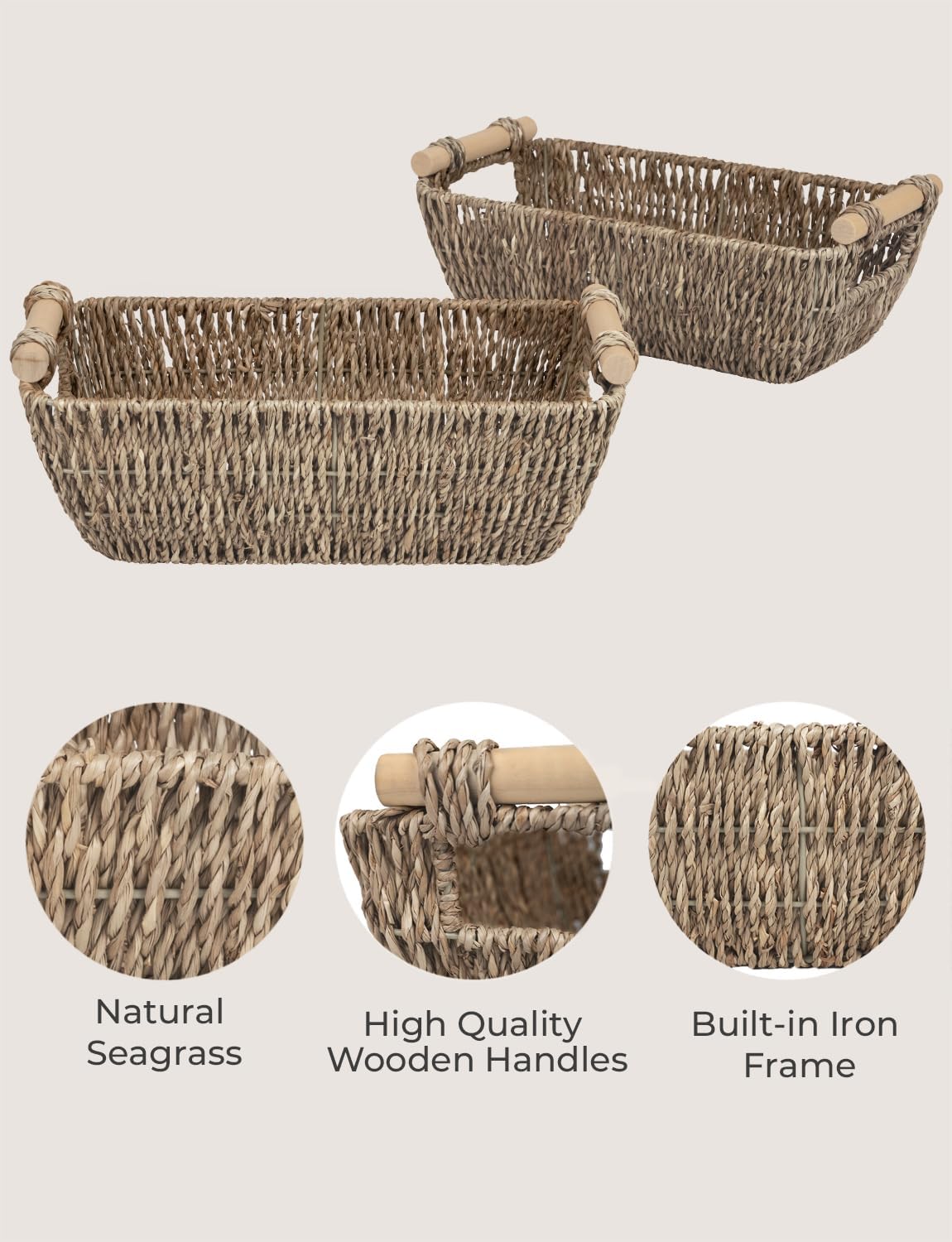 StorageWorks Small Baskets for Bathroom, Seagrass Woven Basket with Wooden Handles for Gifts, 2-Pack