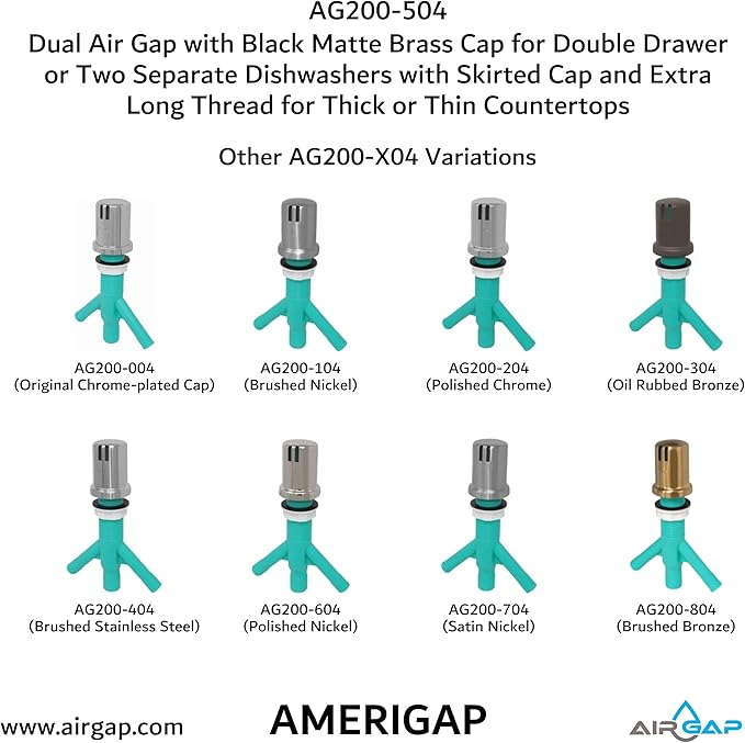 Dual Air Gap with Black Matte Brass Cap for Double Drawer or Two Separate Dishwashers with Skirted Cap and Extra Long Thread for Thick or Thin Countertops (AG200-504, AG200-X04, AMERIGAP)