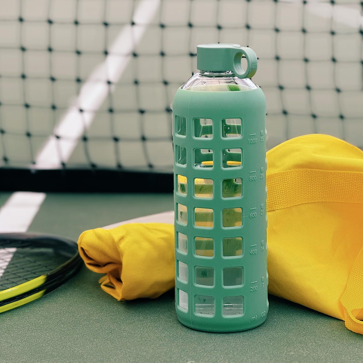 purifyou 40oz / 32oz / 22oz / 12oz Borosilicate Glass Water Bottle with Time & Volume Markers, Silicone Sleeve, Stainless Steel Lid – Reusable Glass Bottle for Water & Juice (12oz Shale Green)