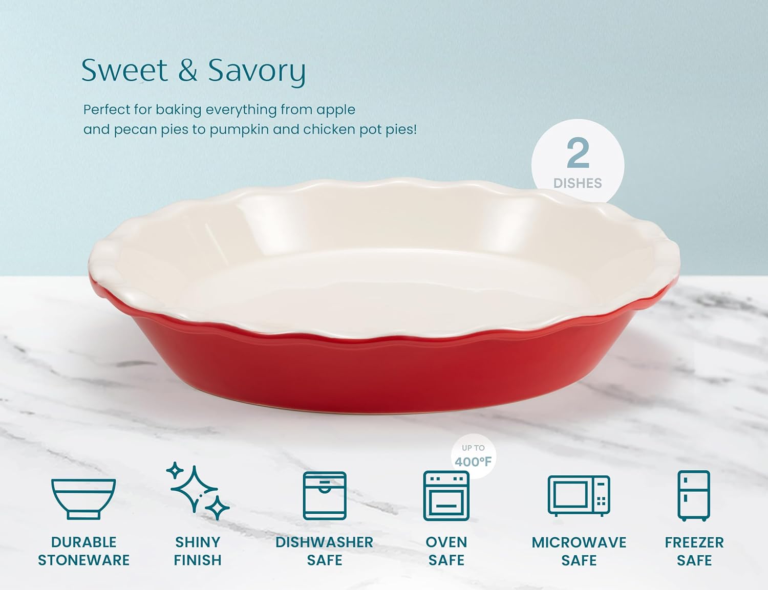 KooK Pie Pan, Ceramic Reusable Round Pie Dish, Quiche Baking Dish, Deep, Wave Edge, For Cakes, Tart, Casseroles, Tarts, Microwave, Oven and Dishwasher Safe, 9-Inch, 36 oz, Set of 2, Cherry - Culinary Roots