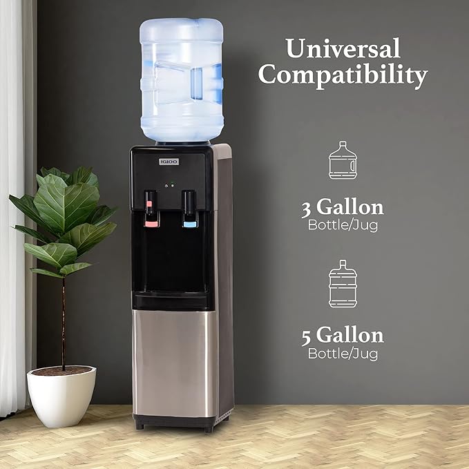 Igloo Top Loading Water Cooler with Removable Tray & Energy-Saving Features - Water Tower with Hot, Cold Temperature Settings- Water Dispenser Fits 3 & 5-Gallon Jugs with Child Safety Lock- Stainless