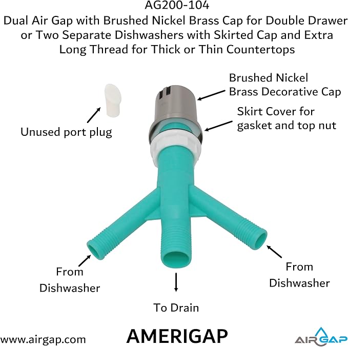 Dual Air Gap with Brushed Nickel Brass Cap for Double Drawer or Two Separate Dishwashers with Skirted Cap and Extra Long Thread for Thick or Thin Countertops (AG200-104, AG200-X04, AMERIGAP)