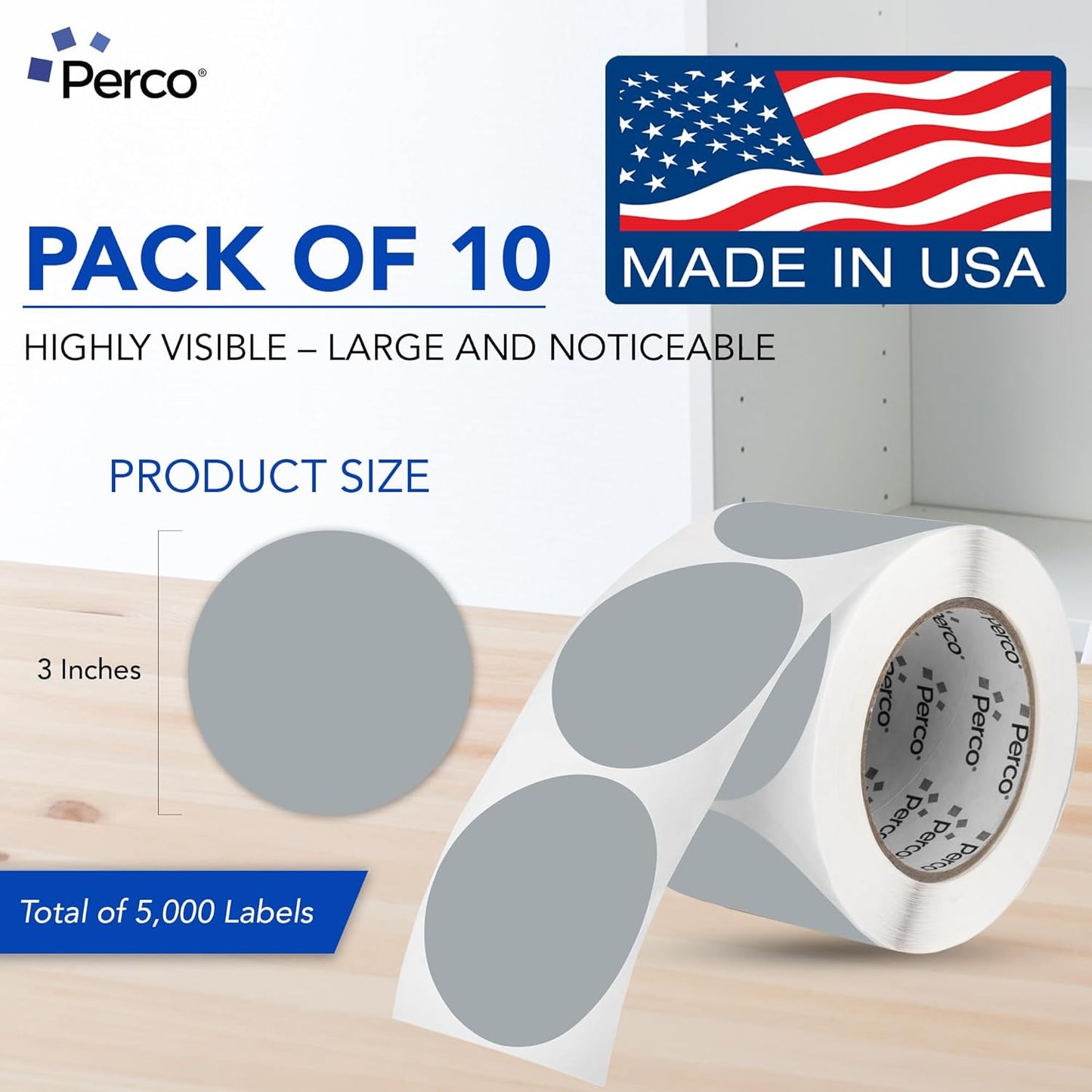 Perco Grey 3-Inch Perforated Circle Dot Sticker Labels — 10 Rolls, 5,000 Round Stickers — with Permanent Adhesive for Moving Boxes, Sale Signage, Displays, Status Messaging—Made in USA