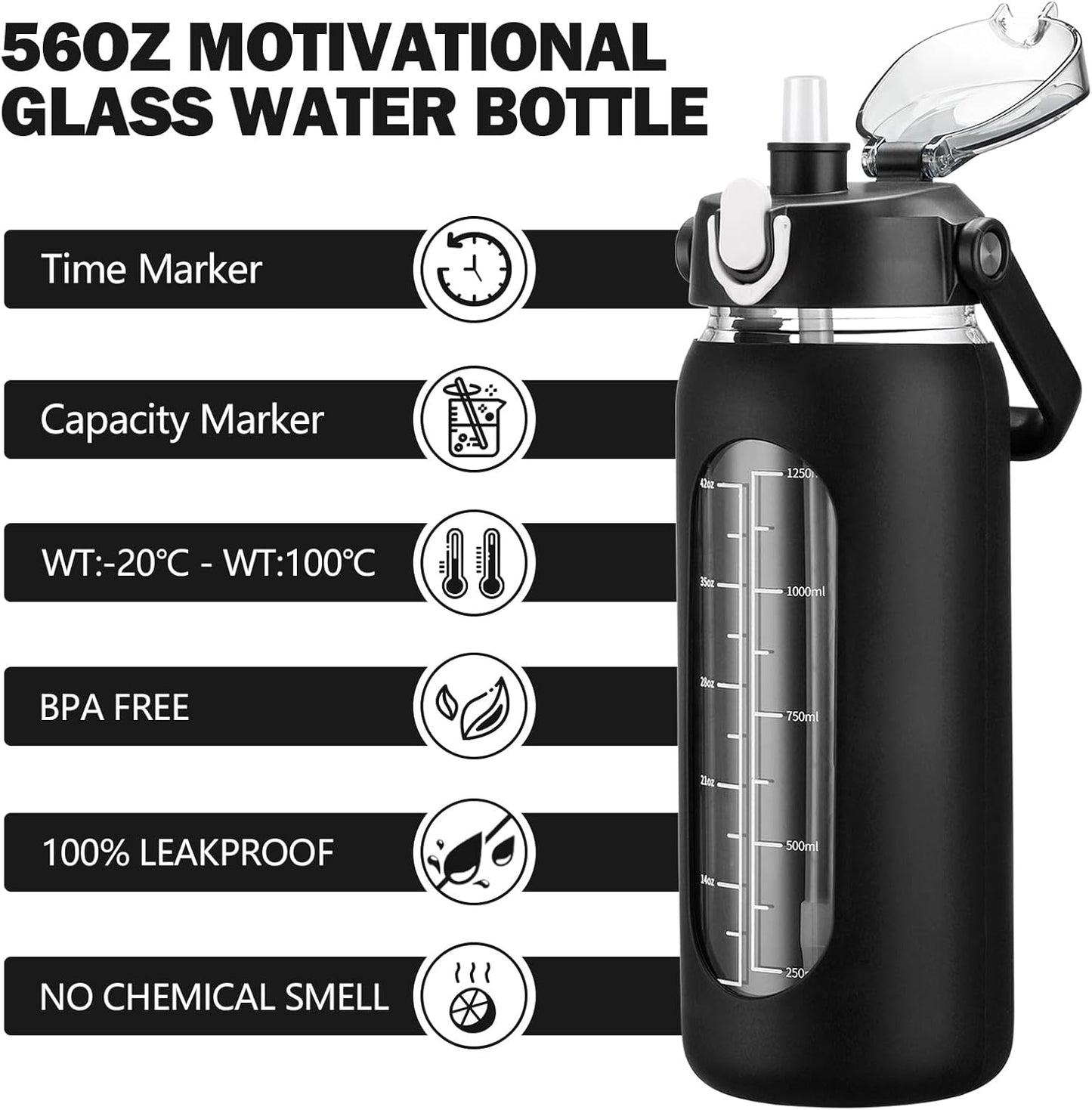 kytffu 56oz Glass Water Bottles with Straw, Motivational Glass Bottle with Silicone Sleeve and Time Marker, Leakproof Large Glass Water Jug for Gym Home Office, Black.