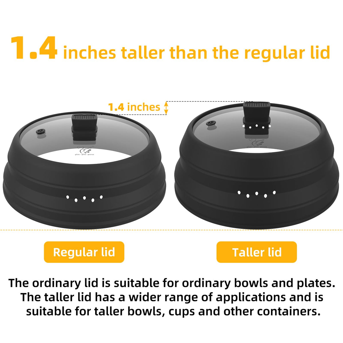 Tall Microwave Splatter Cover Glass Cover Guard Lid 5.8 inch Height with Collapsible Silicone for Food Pot Plate 8.5 inch Black