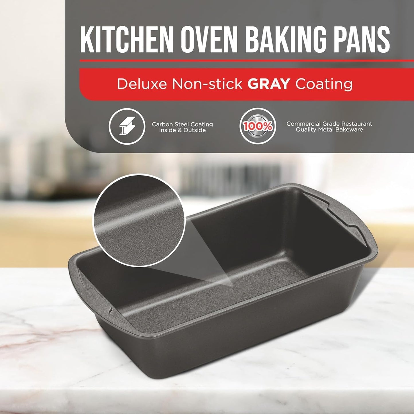 Nonstick Loaf Pan Set Pack of 1, Carbon Steel 11" Large Baking Bread Pan, Oven Safe Up to 450°F, PFOA, PFOS, PTFE Free, Space Saving Stackable Design, Stain Resistant, Dishwasher Friendly, Gray Marble - Culinary Roots