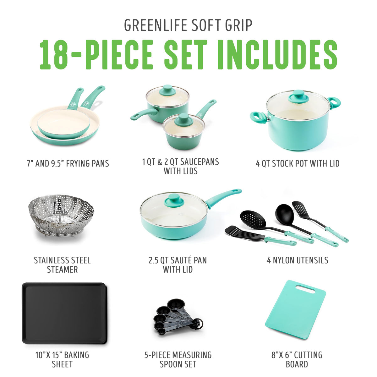 Soft Grip Healthy Ceramic Nonstick 18 Piece Kitchen Cookware Pots and Frying Sauce Saute Pans Set