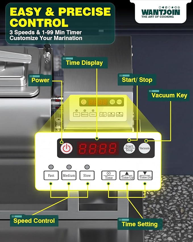 WantJoin Commercial Vacuum Tumbler Marinator, 20L Capacity, 30Min Fast Marinating, 80W Copper Motor, 3-Speed Bidirectional Rotation, Stainless Steel Meat Tumbler for Catering & Kitchen