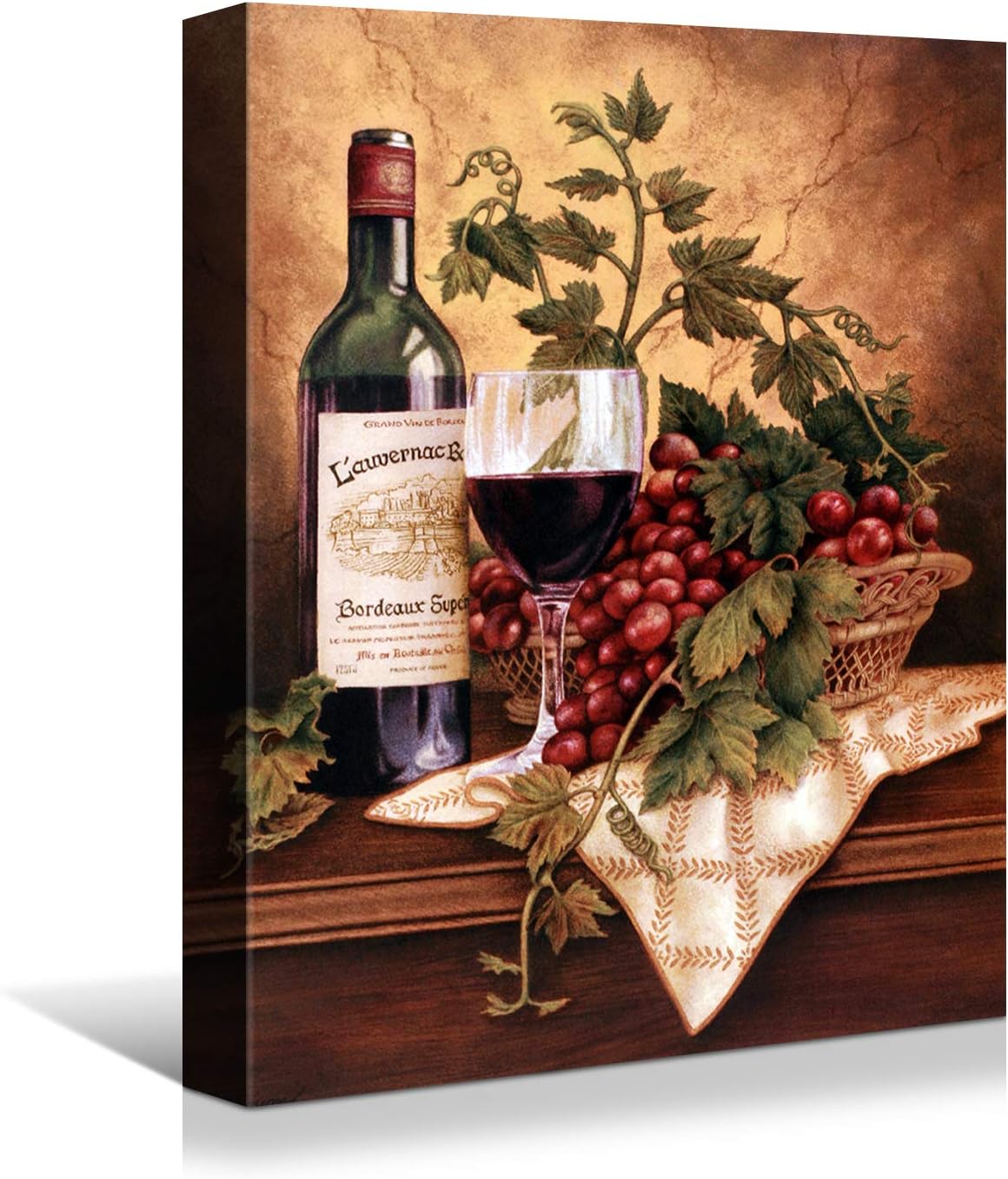 Looife Kitchen Wine Bottle Canvas Wall Art, 24x36 Inch Vintage Red Wine Glass Cup with Grapes Picture Prints Wall Decor, Modern Art Deco for Dining Room and Bar Wall Decoration