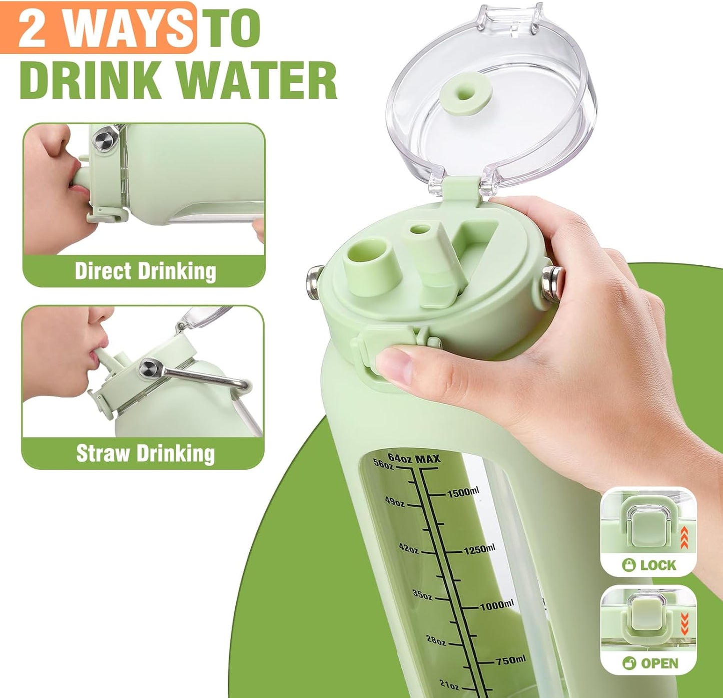 kytffu 64 oz Glass Water Bottle with Straw and Stainless Steel Handle, Half Gallon Water Bottle with Silicone Sleeve and Time Marker, 2L Large Glass Bottle for Gym, School, Travel, Leak-proof (Green)