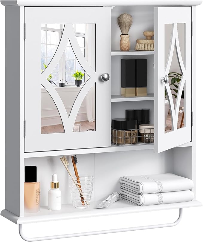 RoyalCraft 22x25 Bathroom Medicine Cabinet with Mirror, Large Wood Wall Mounted Storage Cabinet with Shelves and Towel Bar, Over The Toilet Storage Cabinet for Bathroom, Laundry, Living Room, White