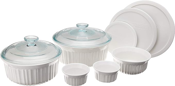 CorningWare French White 10-Pc Ceramic Bakeware Set with Lids Chip and Crack Resistant Stoneware Baking Dish, Microwave, Dishwasher, Oven, Freezer and Fridge Safe