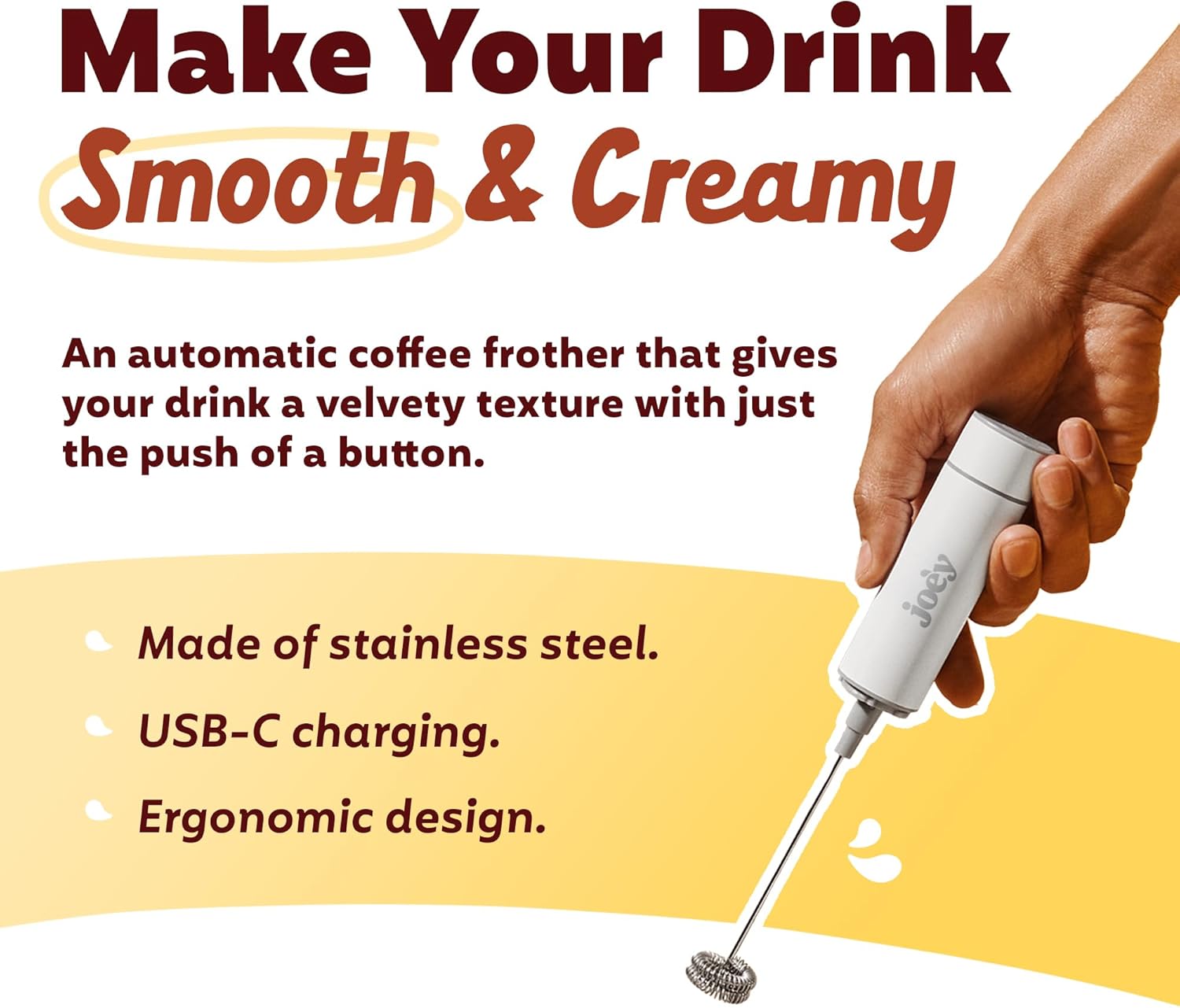 Joe’y High-Grade Milk Frother, USB-Powered Handheld Whisk for Coffee, Lattes, Matcha, Hot Chocolate, Dual-Speed Stainless Steel Frothing Wand with Travel Case, Double-Whisk, White - Culinary Roots