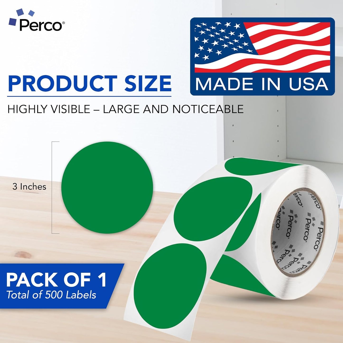 Perco Green 3-Inch Round Circle Dot Sticker Labels with Easy Peel Perforation - 500 Labels per Roll - Strong Adhesion, Vibrant Colors for Organizing, Crafting & More - Made in USA