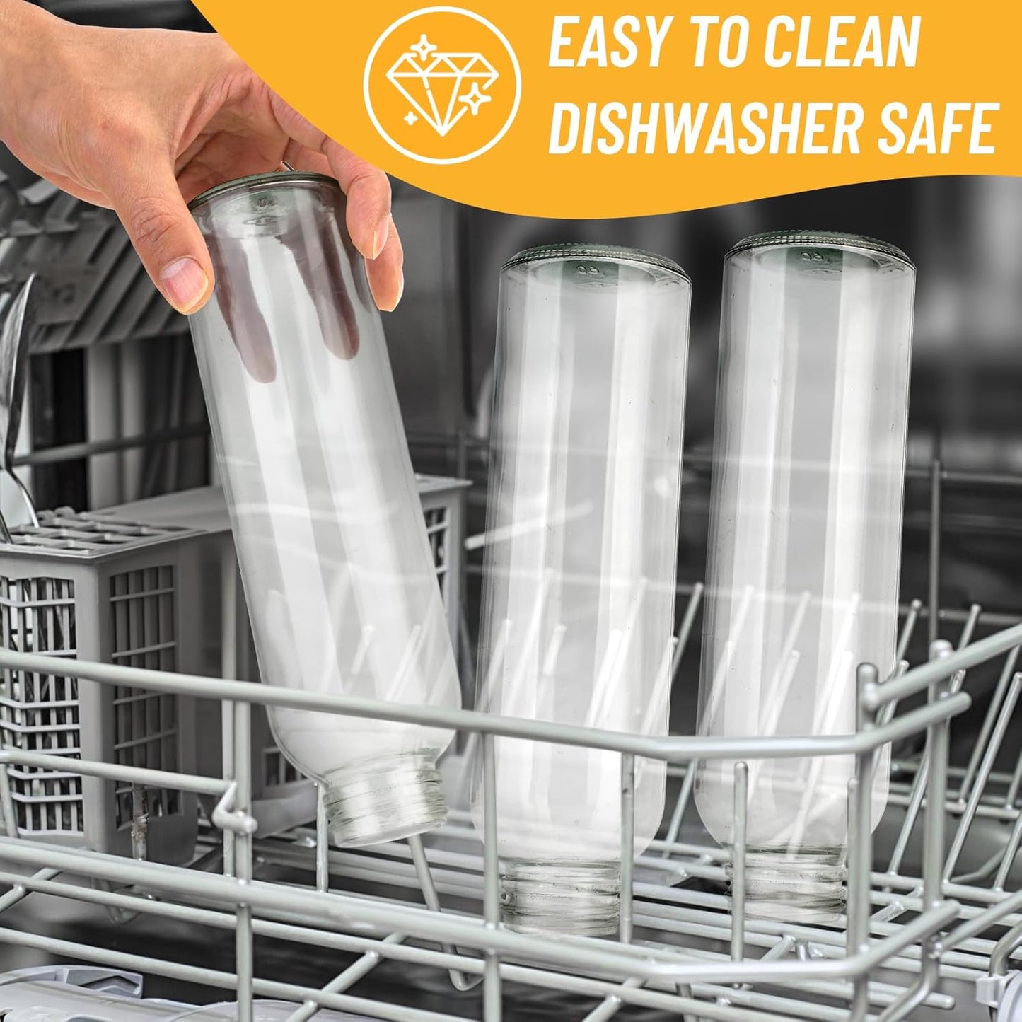 Sursip 24oz Glass Water Bottle Set of 6, Leak Proof Clear glass juice bottle for juicing, Reusable Drinking Bottles with Stainless Steel Lid, Beverage Storage Containers for Refrigerator-BPA Free