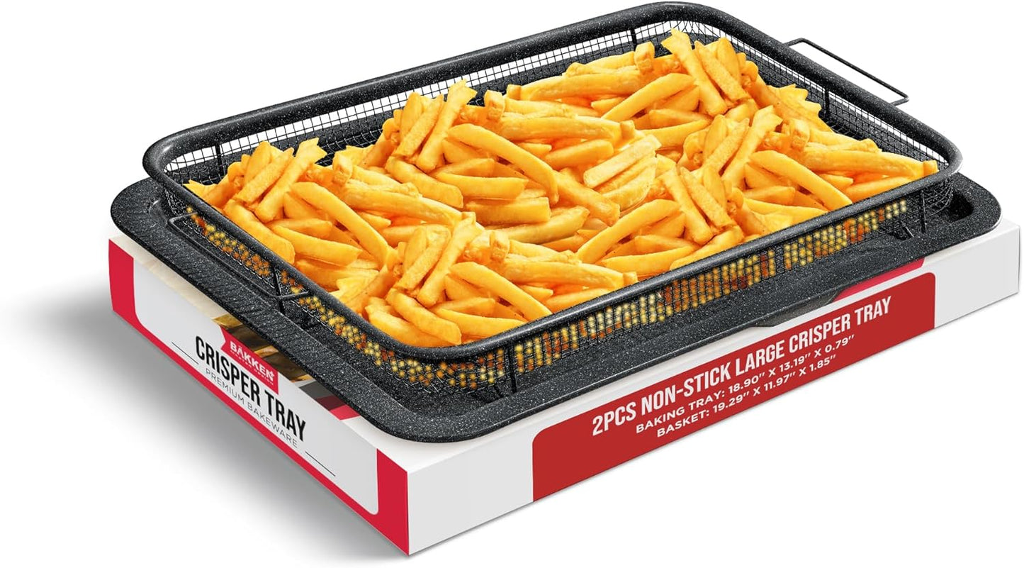 Crisper Tray Gray marble Coating - 2-Piece Set, Non-Stick Basket Design for Healthier Cooking in Regular Ovens - Make Great Crispy Food, Bacon and More, Extra Large Size 19" x 13" - Culinary Roots