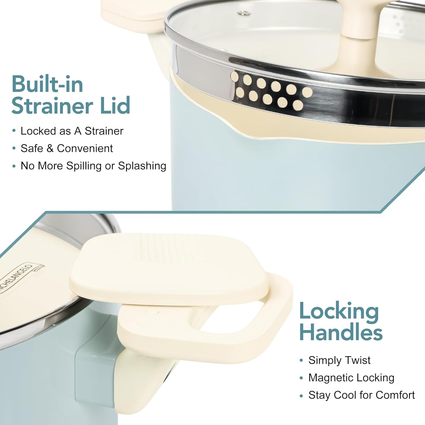 MICHELANGELO Pasta Pot with Strainer Lid - 6 Quart Cooking Pot with Lid, Non Stick Spaghetti Pot Ceramic Coated with Twist and Lock Handles for Easy Draining, Induction Compatible, Soft Aqua - Culinary Roots