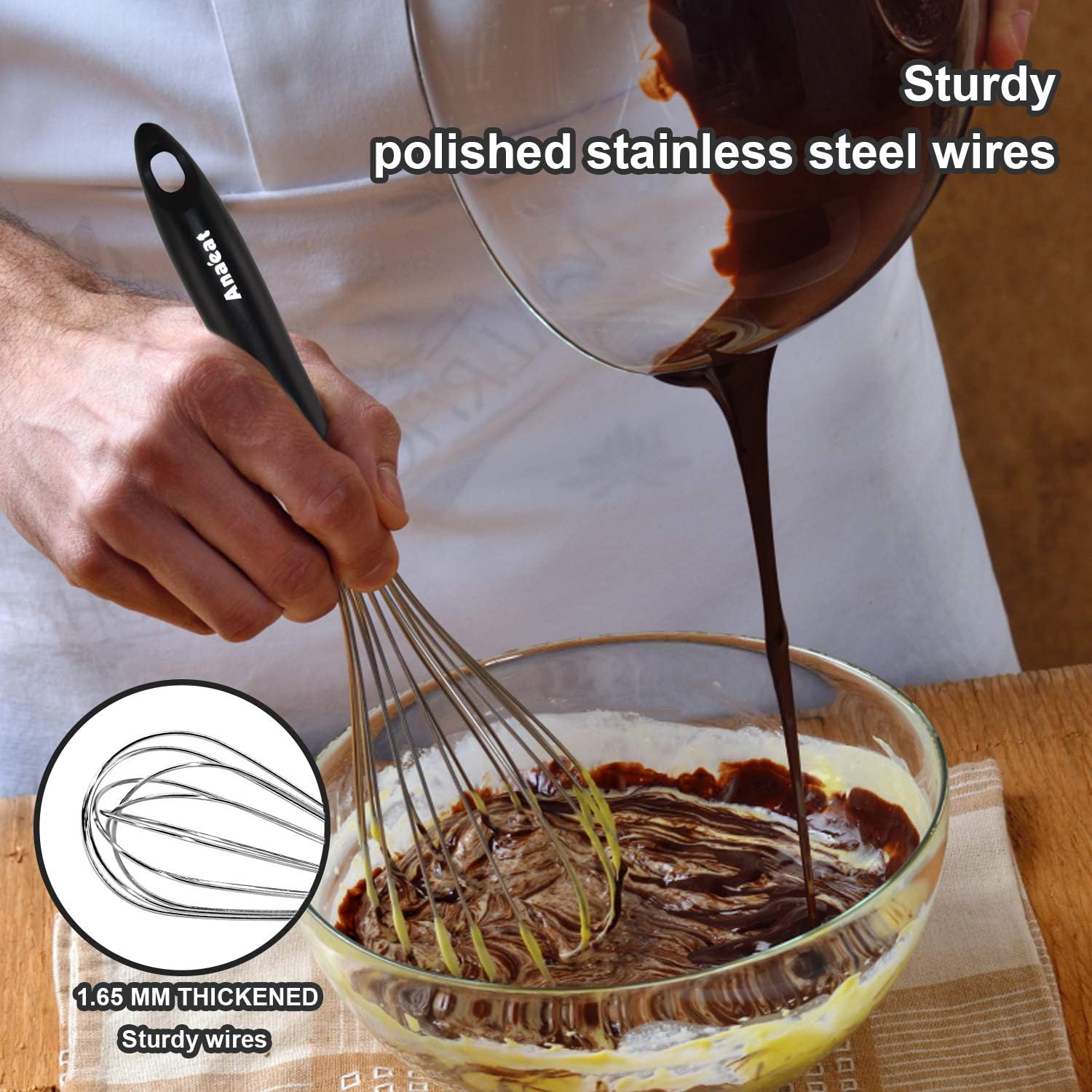 Anaeat Stainless Steel Kitchen Whisk Set of 5, Milk and Egg Beater Blender with Thick Wire for Whisking, Cooking, Baking, Beating and Stirring - 5"+7" Mini Whisk and 8.5''+10.5''+12'' Balloon Whisks - Culinary Roots