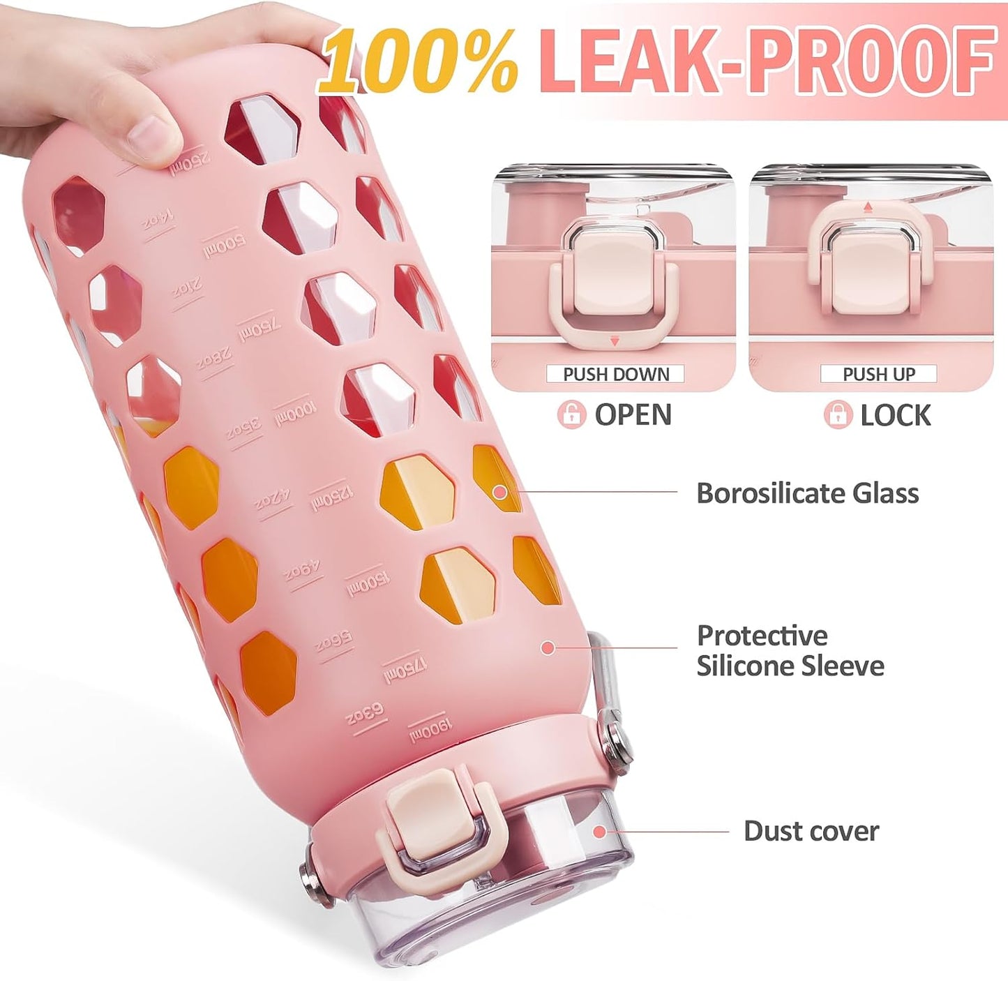 MUKOKO 64oz Glass Water Bottles with Straw and Lid,Half Gallon Water Bottle with Time Marker,Large Glass Water Jug with Silicone Sleeve and Stainless Steel Handle-Pink