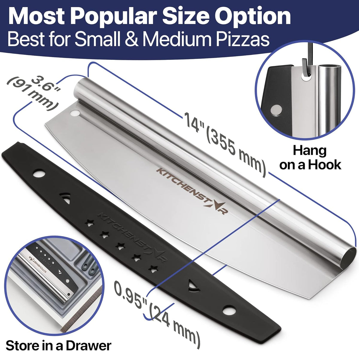 KitchenStar 14-Inch Pizza Cutter Rocker Blade - Sharp Stainless Steel Slicer Knife, Protective Cover, Dishwasher Safe, Large - Professional Pizza Oven Accessories - Culinary Roots