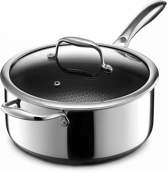 HexClad Hybrid Nonstick 5-Quart Saucepan with Tempered Glass Lid, Stay-Cool Handle, Dishwasher-Friendly, Oven-Safe Up to 900°F, Induction Ready, Compatible with All Cooktops - Culinary Roots
