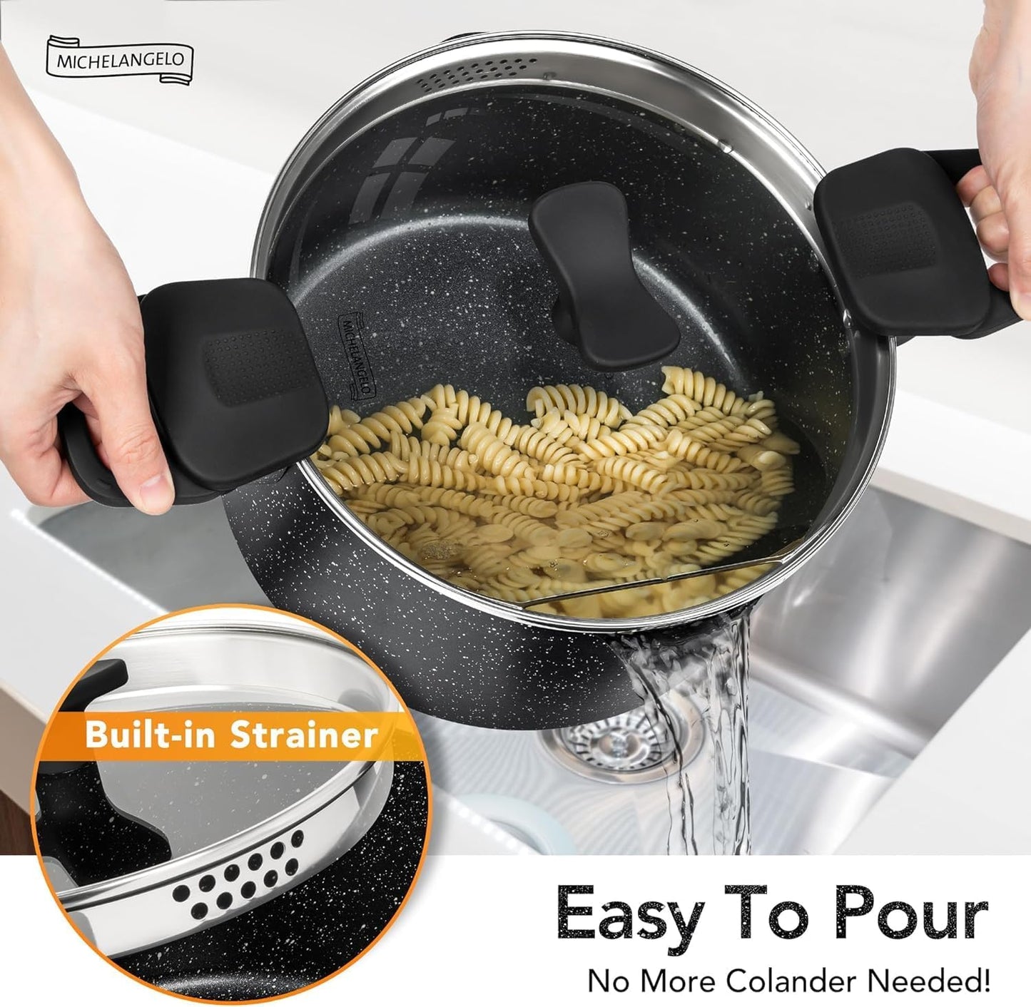 MICHELANGELO Pasta Pot with Strainer Lid, 6 Quart Cooking Pot with Twist and Lock Handles, Soup Pot with Nonstick Granite Coating, Spaghetti Pot Induction Compatible, Black - Culinary Roots