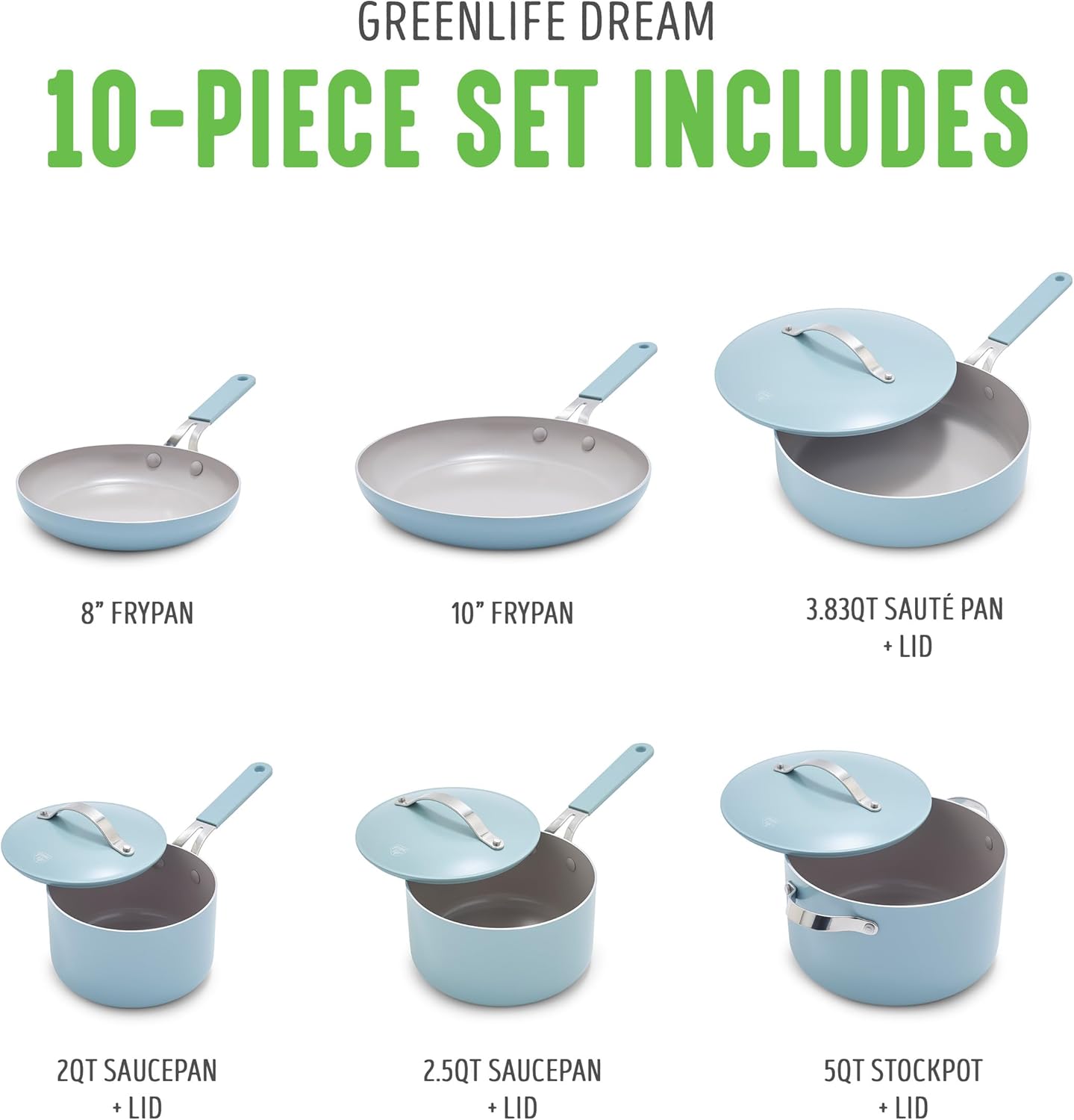 GreenLife 10-Piece Nonstick Ceramic Cookware Set, Lightweight Healthy PFAS-Free Pots & Pans with Lids, Dishwasher & Oven Safe, Durable Body, Silicone Stay-Cool Handles, Easy Release, Blue Haze - Culinary Roots