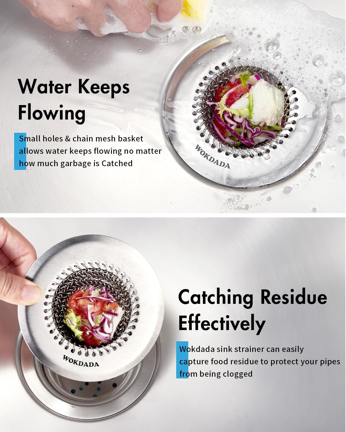 Sink Drain Strainer: Anti-Slip Flexible Chainlink, 304 Stainless Steel. Upgraded Clog-Free Kitchen Version, Easy-Clean Catcher for Garbage Disposal