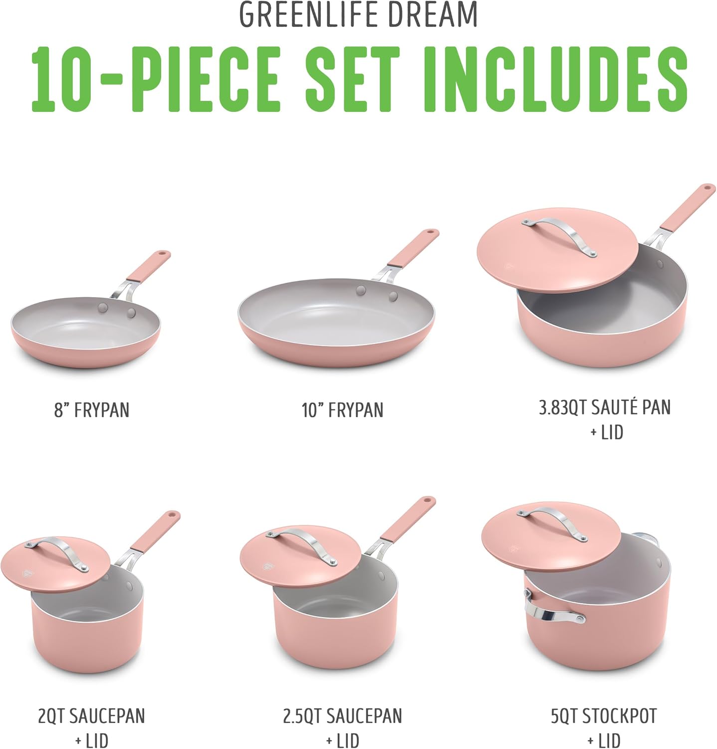 GreenLife 10-Piece Nonstick Ceramic Cookware Set, Lightweight Healthy PFAS-Free Pots & Pans with Lids, Dishwasher & Oven Safe, Durable Body, Silicone Stay-Cool Handles, Easy Release, Pink - Culinary Roots