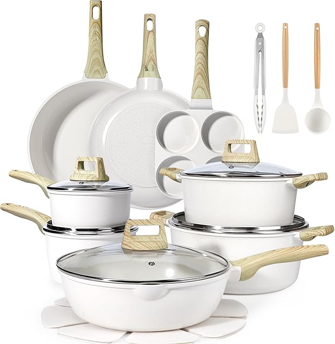 GiPP Ceramic Pots and Pans Set Non Stick - 22Pcs Nonstick Cookware Set, Non-Toxic Healthy Kitchen Cooking Set w/Frying Pans Set, Dishwasher Safe, PFAS PTFE PFOA PFOS Free, Cream White