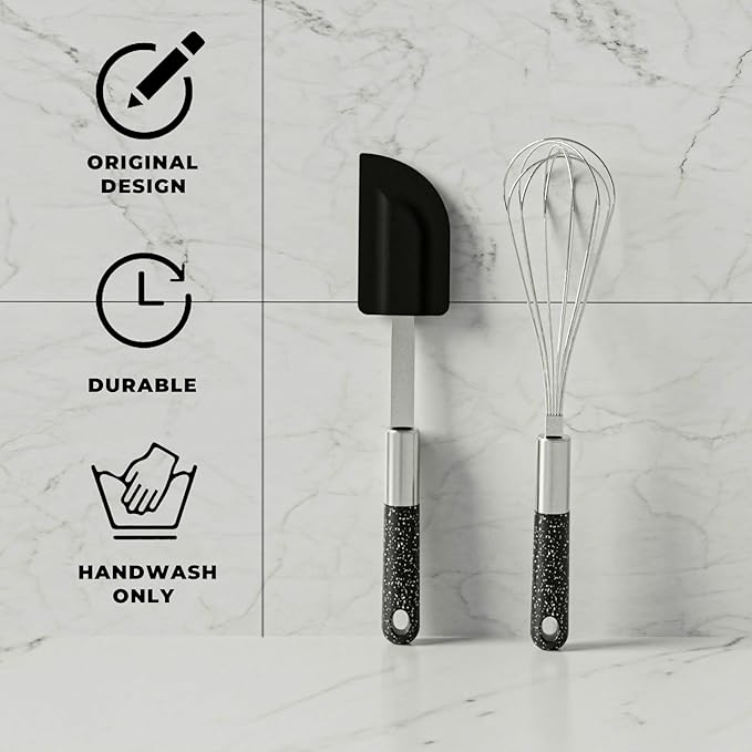 6 Pcs Elegant Black Kitchen Tools & Gadgets Set with White Speckles- Kitchen Gadget Set Includes Can Opener, Spatula and Peeler - Stainless Steel Cooking Accessories, Ideal for Gifting