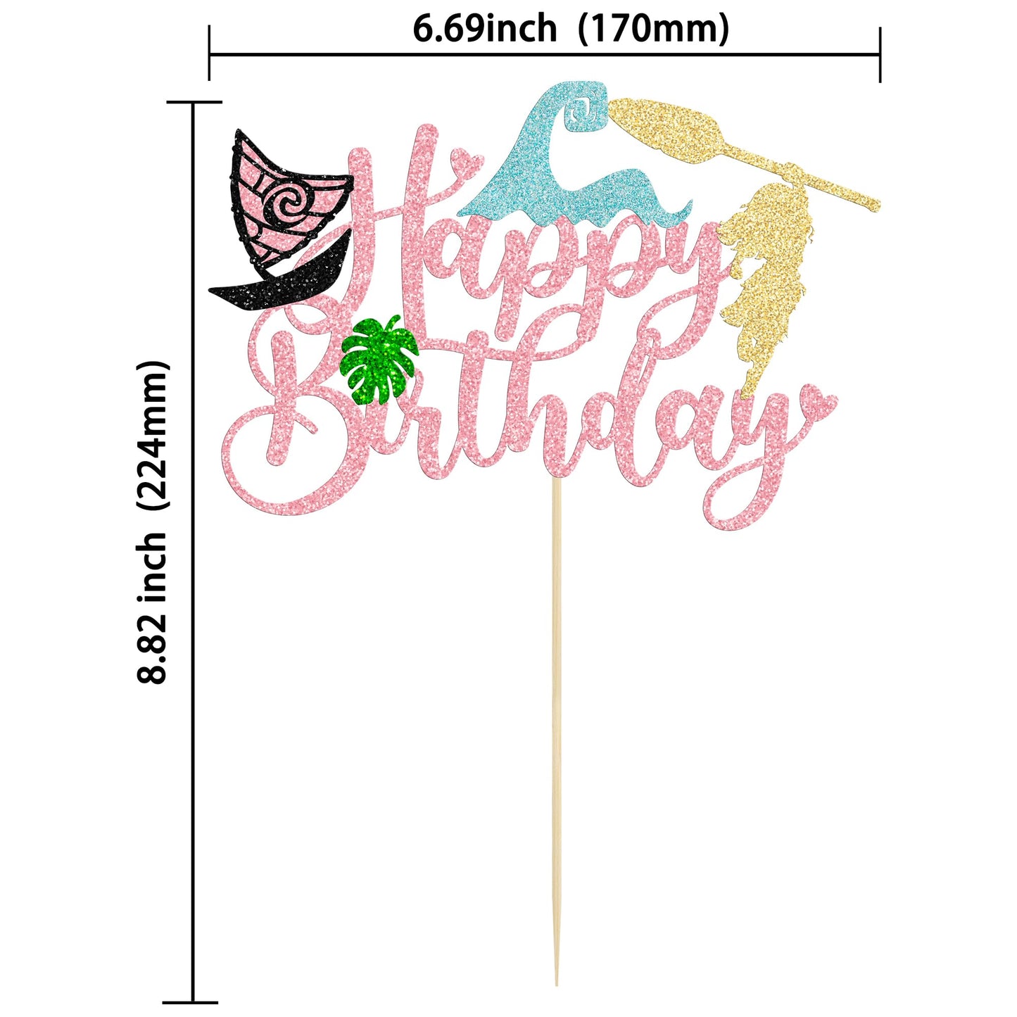 1Pcs Summer Cake Topper Glitter Tree Flower Happy Birthday Cake Pick Decoration for Tropical Hawaiian Luau Theme Baby Shower Kids Birthday Party Cake Decorations Supplies Pink