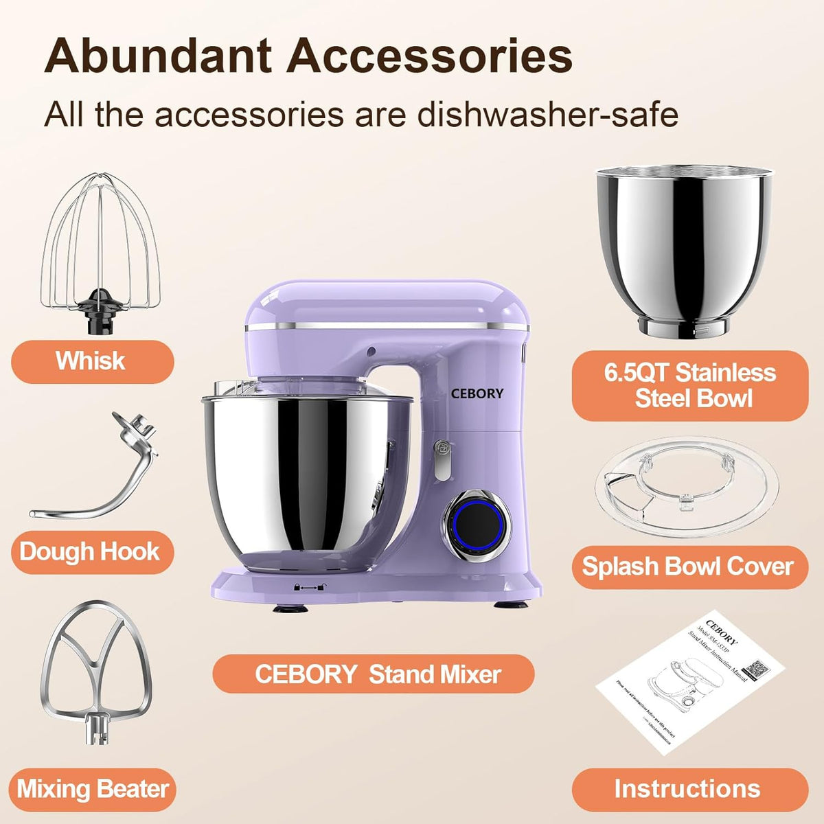 3-IN-1 Electric Stand Mixer, 6.5QT Bowl 660W 10-Speed Kitchen Mixer, Household Food Mixers include Dough Hook, Beater and Whisk, Bread Cake Mixer for Baking and Most Home Cooks, Purple